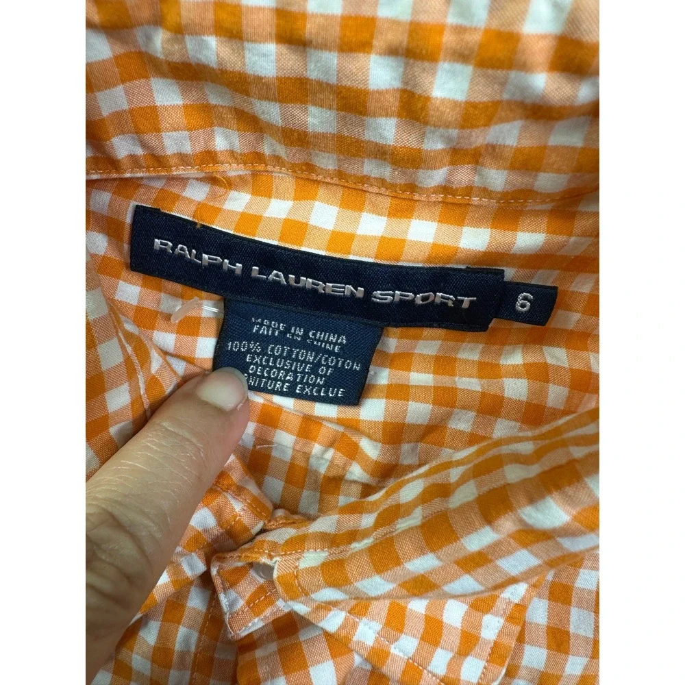 Ralph Lauren Sport Kids Orange Gingham Button Down Shirt Long Sleeve Size 6